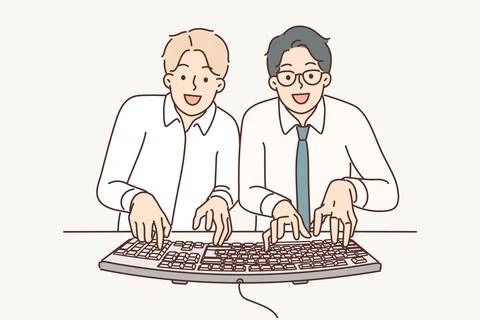 Two man computer geeks use keyboard to type code at same time to develop Illustrazione stock