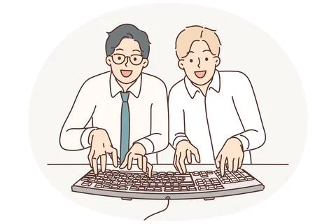 Two man computer geeks use keyboard to type code at same time to develop Stock Illustration