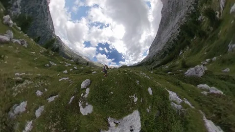 Two Man do Trek on Alpine mountains, vr360 effects, sunny summer Stock Footage 114075847