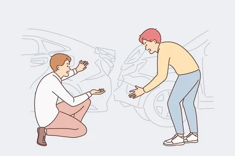 Two man drivers are arguing after accident standing near cars with dented Stock Illustration