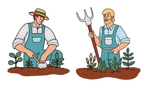 Two Man Farmer with garden tools Shovel and pitchfork. Male Character Worki.. Stock Illustration