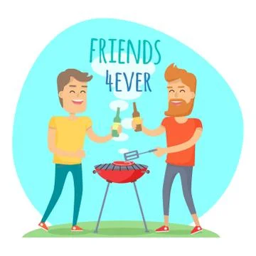 Two Man Fried Meat on Barbecue Friends Forever Ilustración de archivo