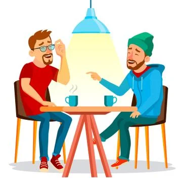 Two Man Friends Drinking Coffee . Best Friends In Cafe. Sitting Together In イラスト素材