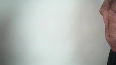 Two man funny belly shake. Crazy stomach dance. Overweight man joking. Calorie Stock Footage 303952890