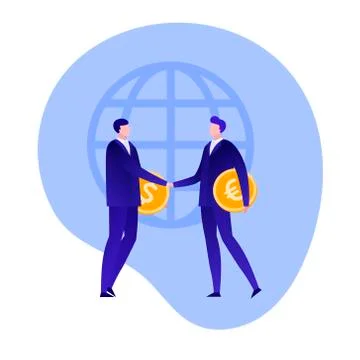 Two man handshake holding half of coin symbol on planet background. Stock Illustration