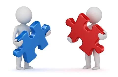 Two man holding red and blue puzzle piece Stock Illustration