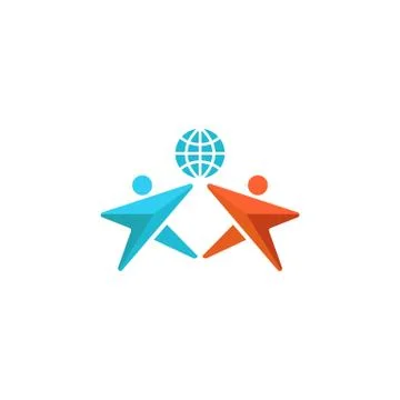Two man logo globe, hands up together, people friendship symbol, abstract soc Stock Illustration