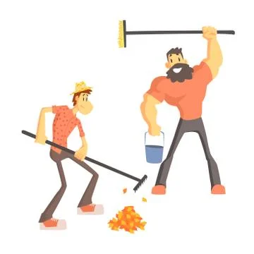 Two Man Picking Up Leaves Stock Illustration