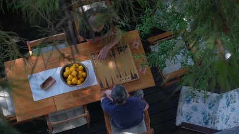 Two man playing backgammon on patio under trees. 4K Stock Footage 195648759