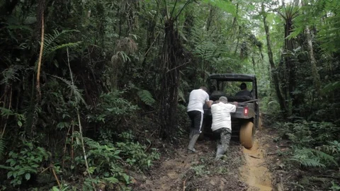 Two man pushing a four wheeled vehicle at the jungle 库存影片 89778801