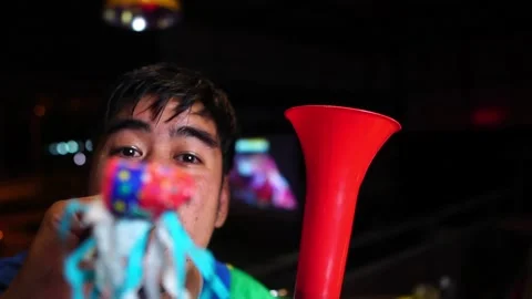 Two man shout victorious watching game on TV at home Stock Footage 222126341