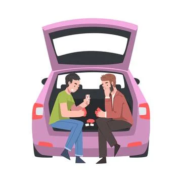 Two Man Sitting in Car Trunk Playing Cards Game Vector Illustration イラスト素材