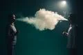 The two man smoke an electrical cigarette on the background of bright light Photo