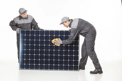 Two man with solar battery Stock Photos