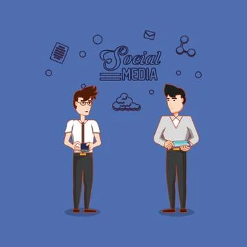Two man with tablet and smartphone using social media Stock Illustration