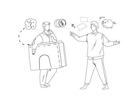Two man talking about money and finance line vector Illustrazione stock