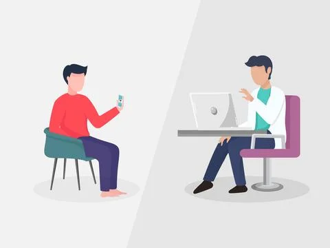 Two Man talking to each other from video call by laptop and smartphone on g.. Stock Illustration