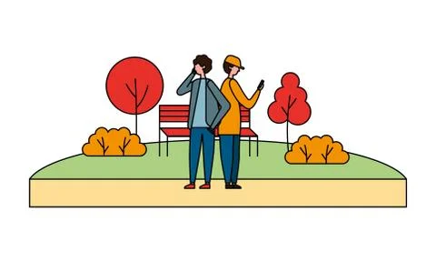 Two man using mobile in the park Stock Illustration