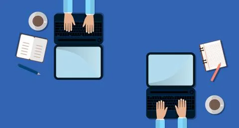 Two Man Work on Laptop. Top View. Work Process Concept with laptop, smartphon Stock Illustration