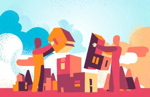 Two man work together to building the city of tomorrow Stock Illustration