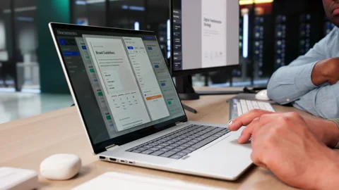 Two Managers Review Document System On Laptop Stock Footage 335452123