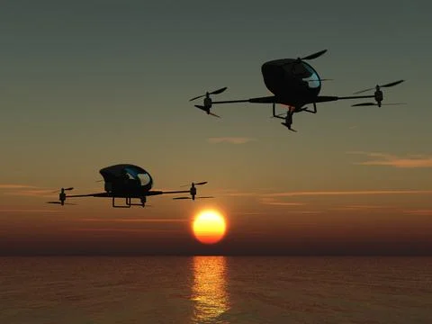 Two manned drones flying over the sea イラスト素材