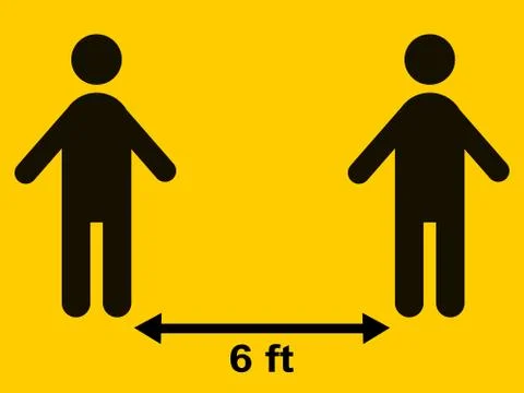 Two mans  keep distance for 6 feet centimeters on yellow background,social di Illustrazione stock