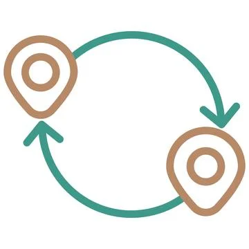 Two map pins connected by circular arrows. Simple vector icon of round trip Ilustração Stock