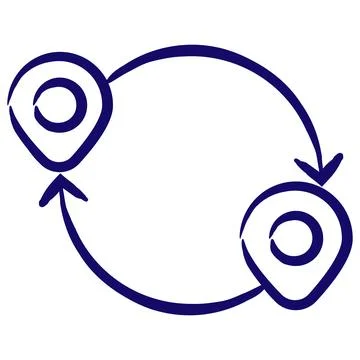 Two map pins connected by circular arrows. Simple contour vector icon Illustrazione stock