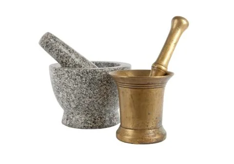 Two marble mortar and old bronze Stock Photos