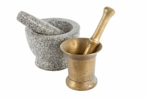 Two marble mortar and old bronze Stock Photos