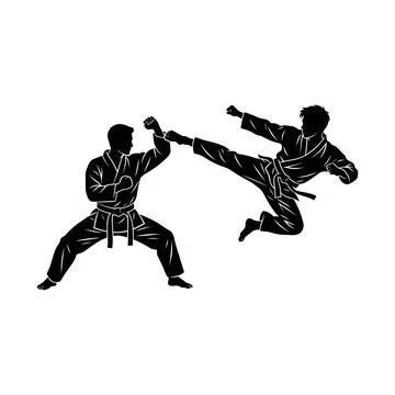 Two Martial Artists Practicing Dynamic Kick and Block Techniques in Traditi.. Stock Illustration