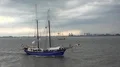 Two-masted sailing ship vessel Zephyr sailing on river at Bremerhaven GER 4k or 4k+ Resolution
