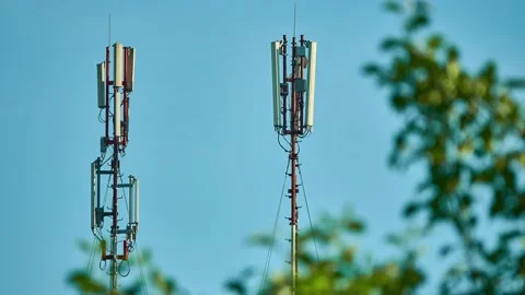 Two masts with cell phone antennas against the blue sky. A tree with green le Stock Footage 158184112