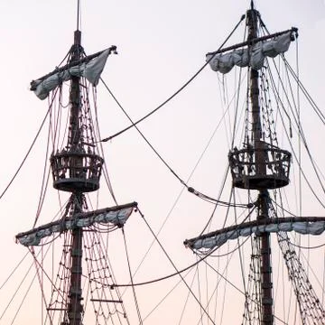 Two masts with viewpoint platforms on sailship Stock Photos