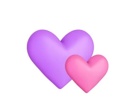 Two matte soft violet and pink hearts isolated on white. 3d illustration Illustrazione stock