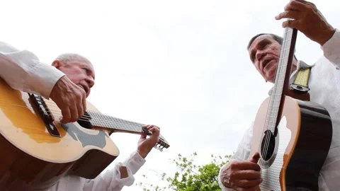 Two mature men singing and playing guitar Stock Footage 303027140
