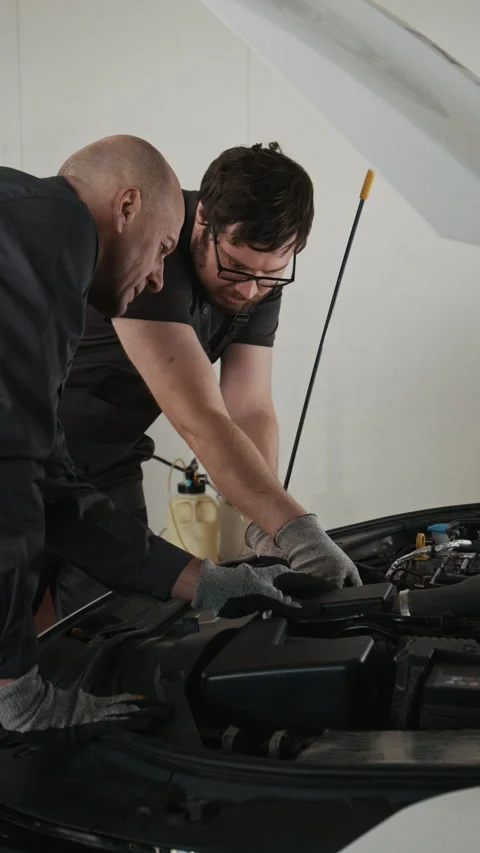 Two Mechanics Inspecting Car Engine and Discussing Service Work Stock Footage 329479546