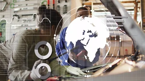 Two mechanics probing engine initiating diagnostics while tech viewing tablet, Stock Footage 333602236