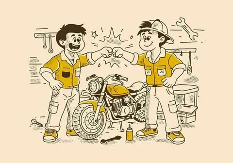 Two mechanics working on a motorcycle in a garage Stock Illustration