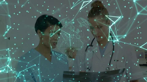 Two med docs sharing chart, left pointing causing teal network, dotted globe Stock Footage 332937152