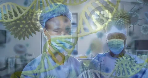 Two medical staff facing camera, animated DNA overlay moving, revealing smiling Stock Footage 330621848