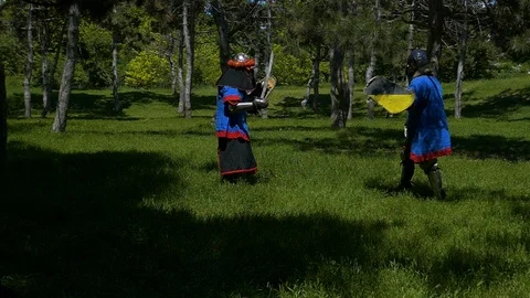 Two medieval knights collided in a sword fight Stock-Footage 122079518