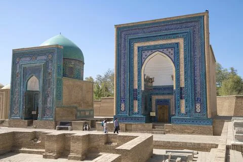 Two medieval mausoleums. Burial complex Shah-i-Zinda, Samarkand Stock Photos