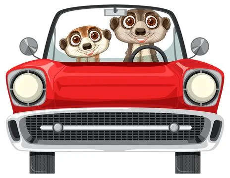 Two Meerkats Driving Red Convertible Car Front View Stock Illustration
