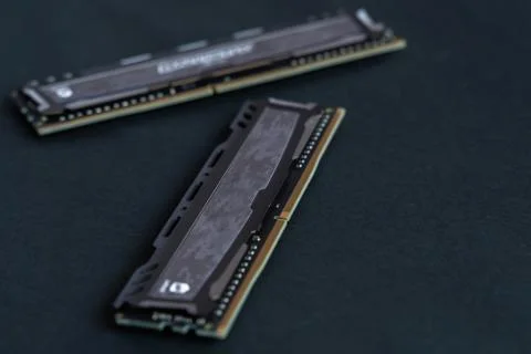 Two memory modules. Fast DDR4 RAM. Gamer DRAM sticks. PC gaming components. Foto stock