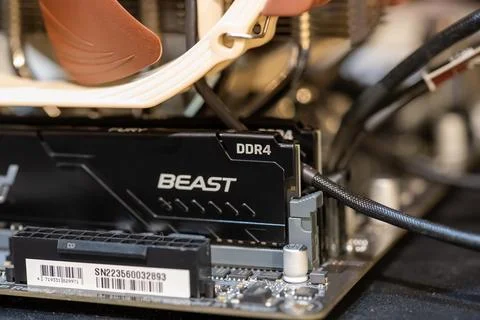 Two memory sticks of high end DDR4 RAM installed on a modern motherboard und Stockfoto's
