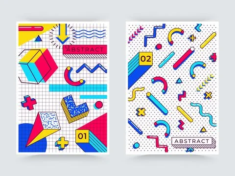 Two memphis posters. Abstract 90s trends elements with multicolored simple Stock Illustration