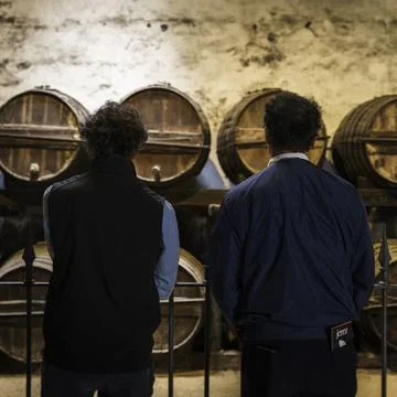 Two men 50s, looking at stacks of Fino and Sherry Wine Barrels in a Cellar. Jere Foto stock