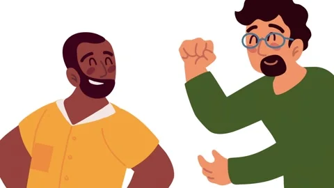 Two men in animated style talking happily on white background, one man blac.. Stock Footage 334162227